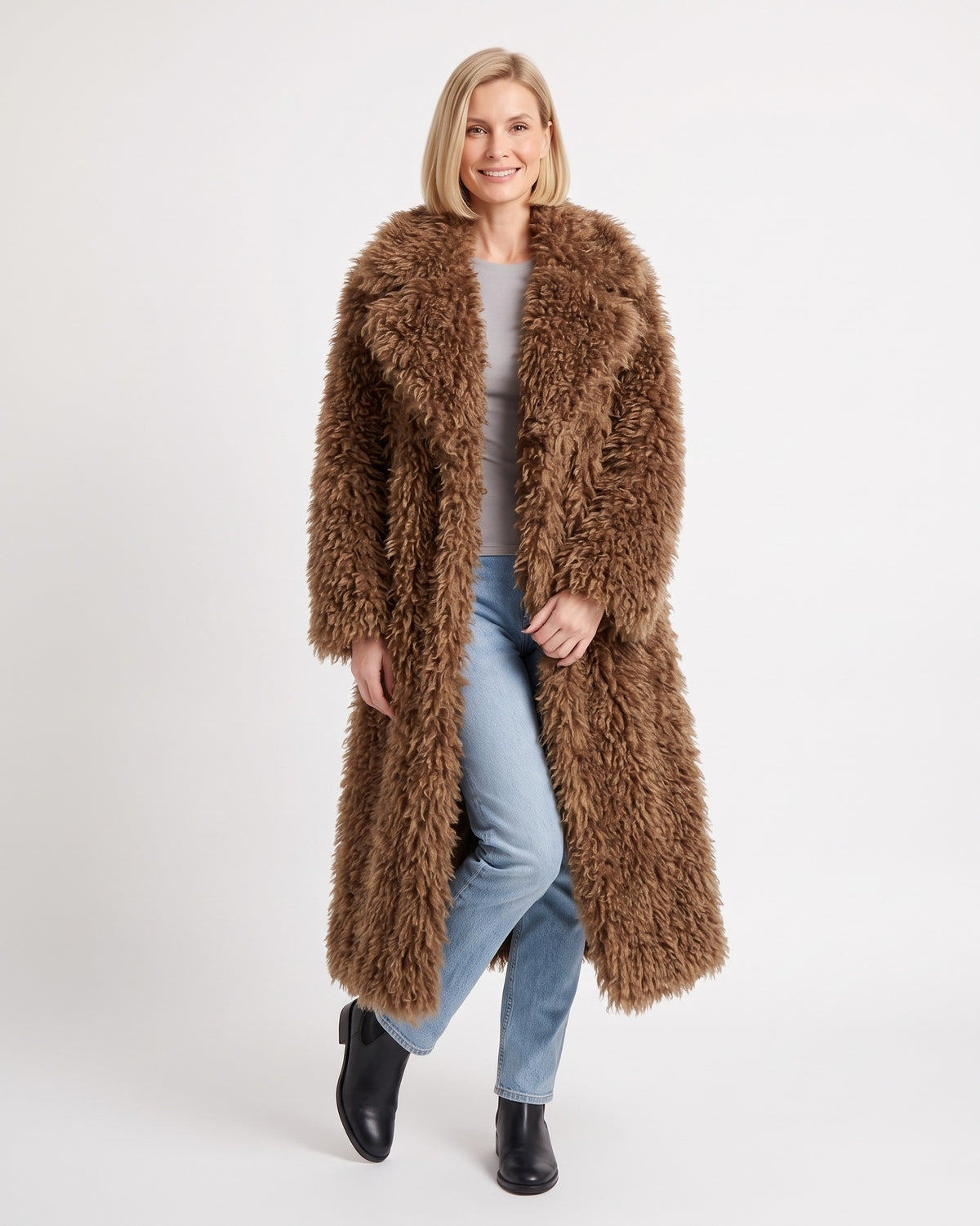 Women's long curly faux fur coat, brown, wide lapel, open front