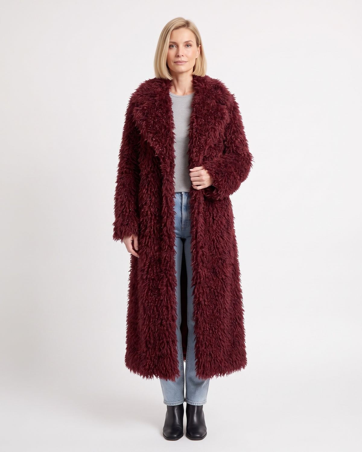 Women's long curly faux fur coat, burgundy, wide lapel, open front