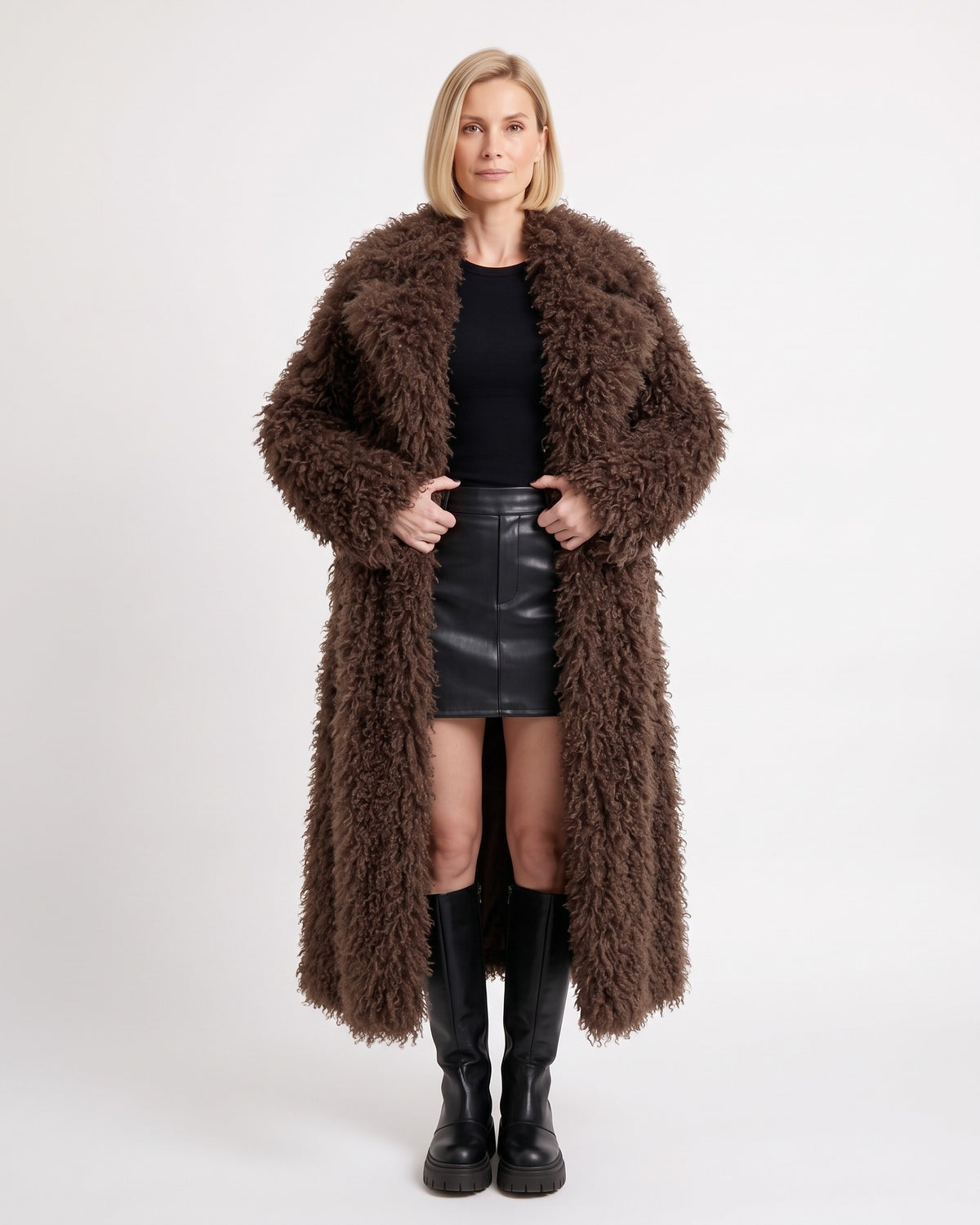 Women's long curly faux fur coat, dark brown, wide lapel, open front