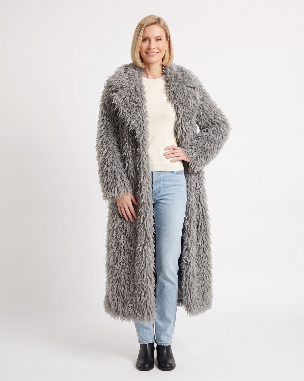 Women's long curly faux fur coat, gray, wide lapel, open front