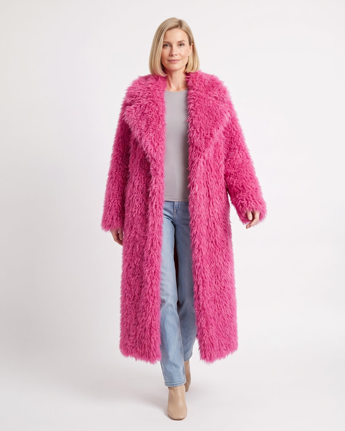 Women's long curly faux fur coat, hot pink, wide lapel, open front
