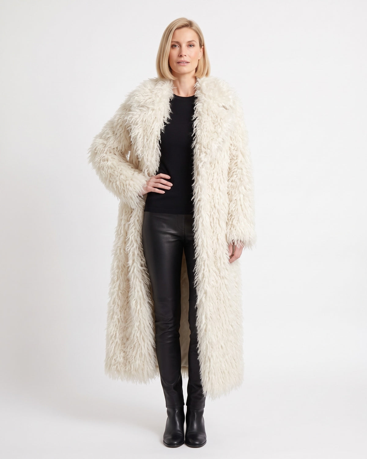 Women's long curly faux fur coat, off-white, wide lapel, open front