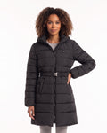 Model wearing women's long hooded belted quilted puffer coat in black