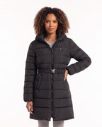 Model wearing women's long hooded belted quilted puffer coat in black