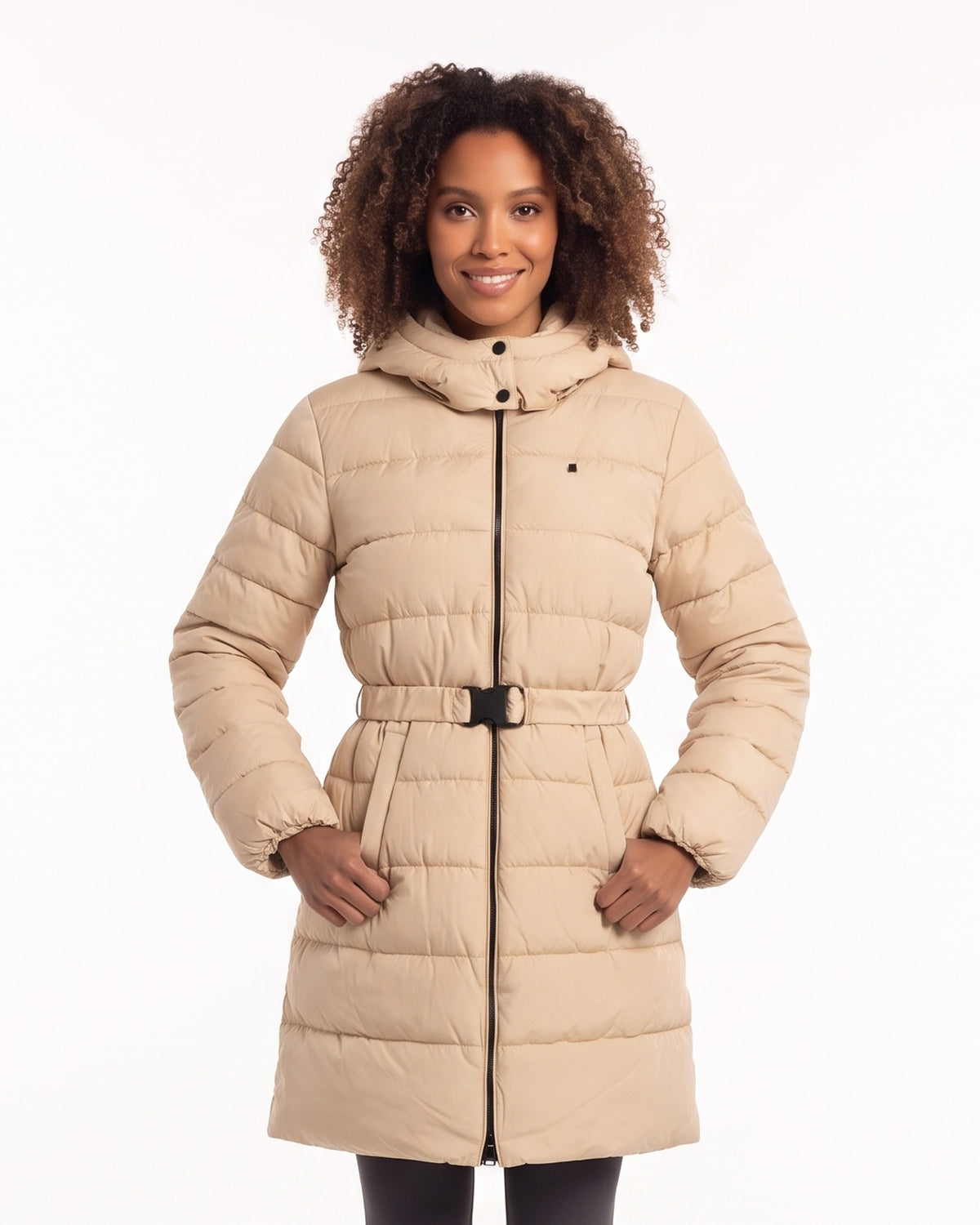 Model wearing women's long hooded belted quilted puffer coat in khaki