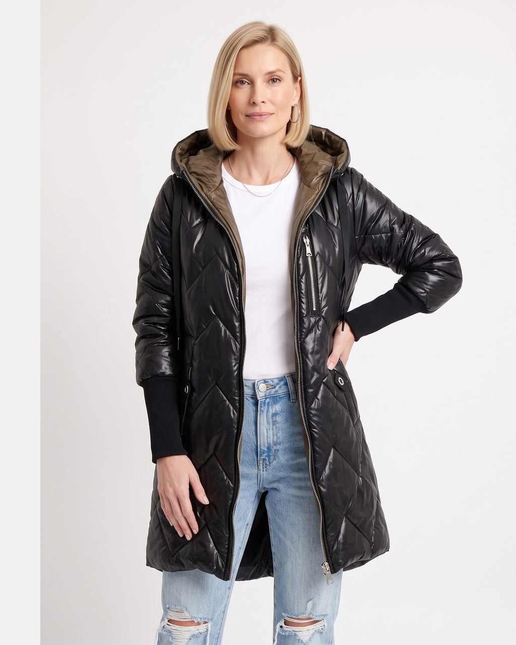 Women's long shiny black hooded puffer coat with front zip and side zip pockets
