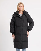 Women's long black puffer coat with hood, zip-front and quilted knee-length design