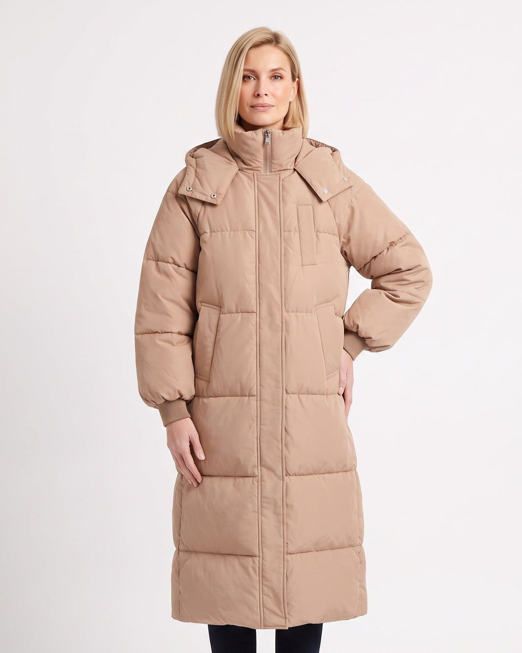 Khaki long quilted puffer coat with hood, front zipper and stand collar