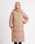 Khaki long quilted puffer coat with hood, front zipper and stand collar