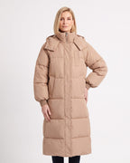 Khaki long quilted puffer coat with hood, front zipper and stand collar