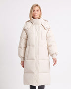 Women's long off-white puffer coat with hood, zip-front and quilted knee-length