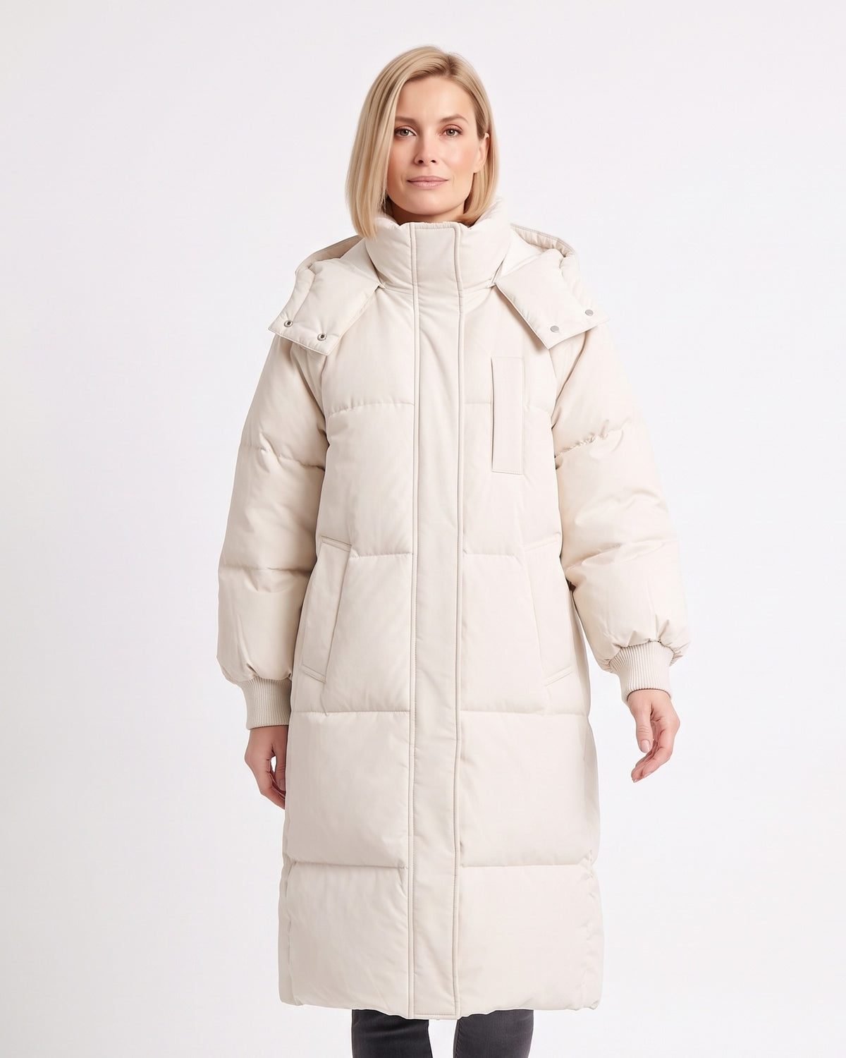 Women's long off-white puffer coat with hood, zip-front and quilted knee-length