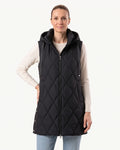 Black hooded quilted long puffer vest with center front zipper and drawstring hood
