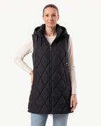 Black hooded quilted long puffer vest with center front zipper and drawstring hood