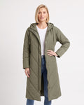Women's army green hooded long puffer coat with diagonal quilting and snap buttons.