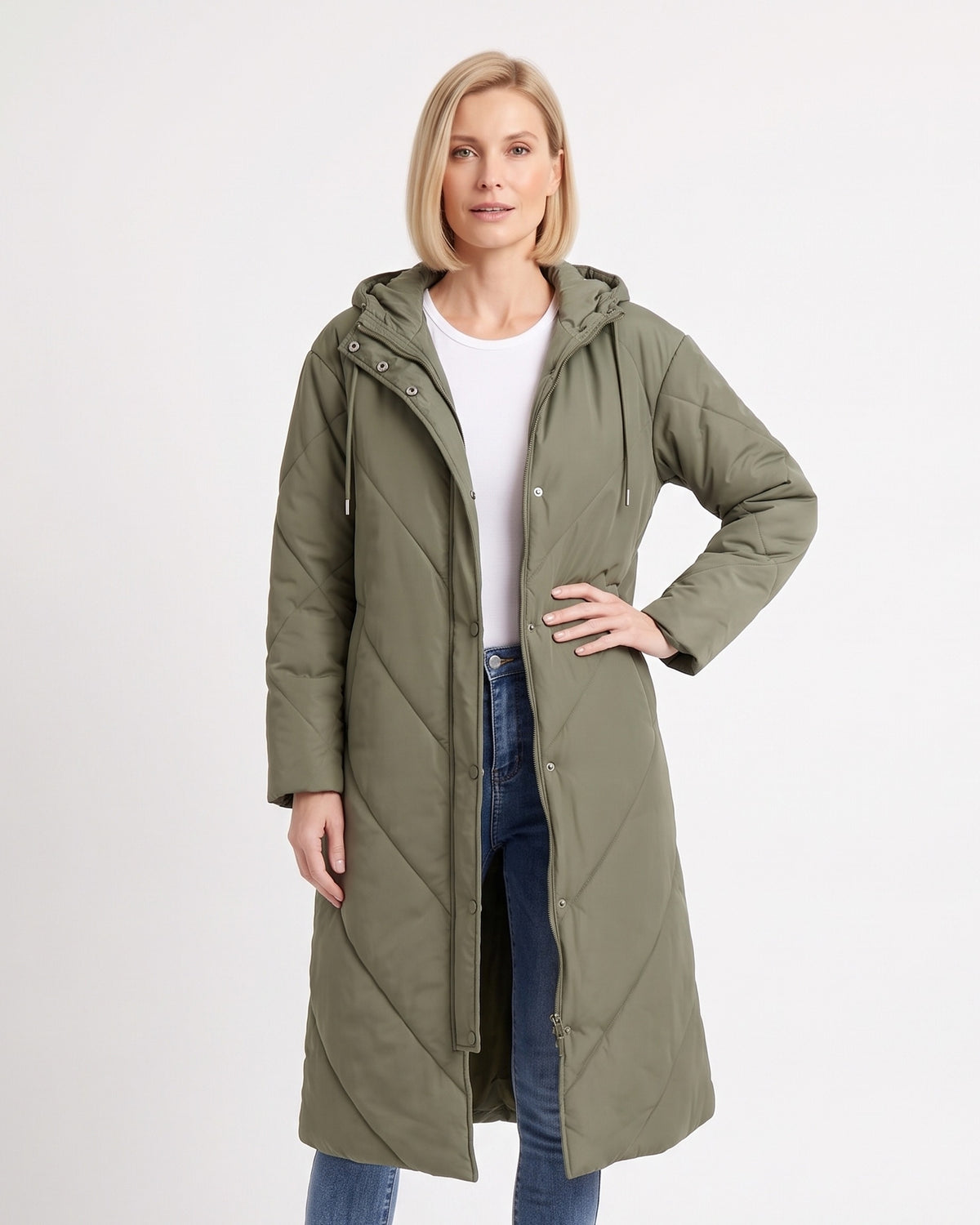 Women's army green hooded long puffer coat with diagonal quilting and snap buttons.
