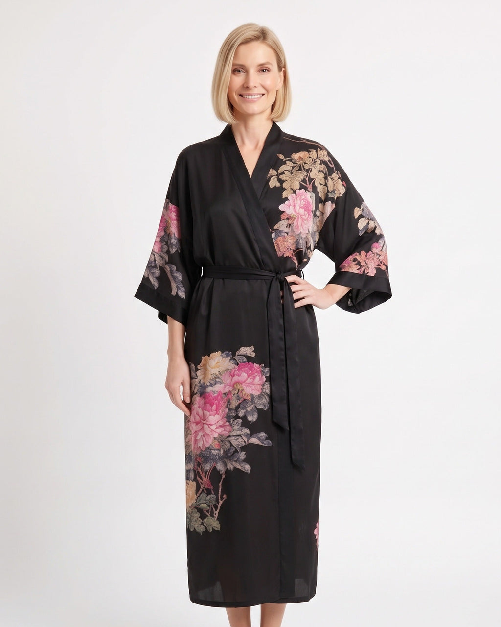 Women's satin kimono robe, black with pink floral print and wrap tie belt
