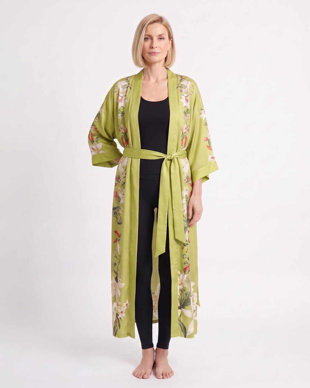 Olive green satin kimono robe with pink floral print, V-neck, wide sleeves, tie belt.