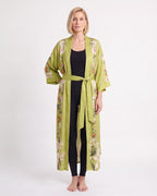 Olive green satin kimono robe with pink floral print, V-neck, wide sleeves, tie belt.