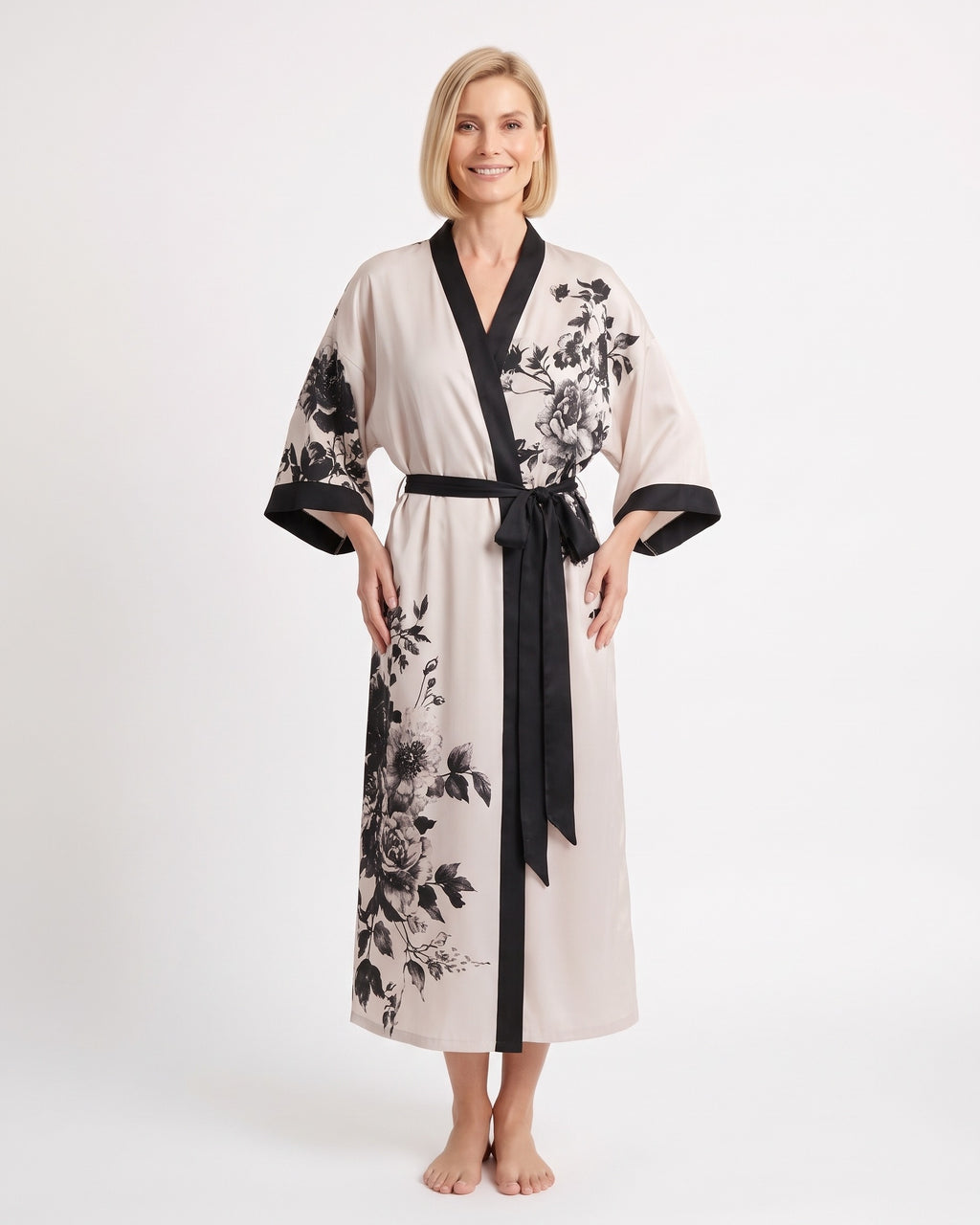 Women’s satin floral wrap kimono robe, white with black trim, tie belt, wide sleeves