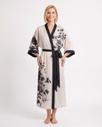 Women’s satin floral wrap kimono robe, white with black trim, tie belt, wide sleeves