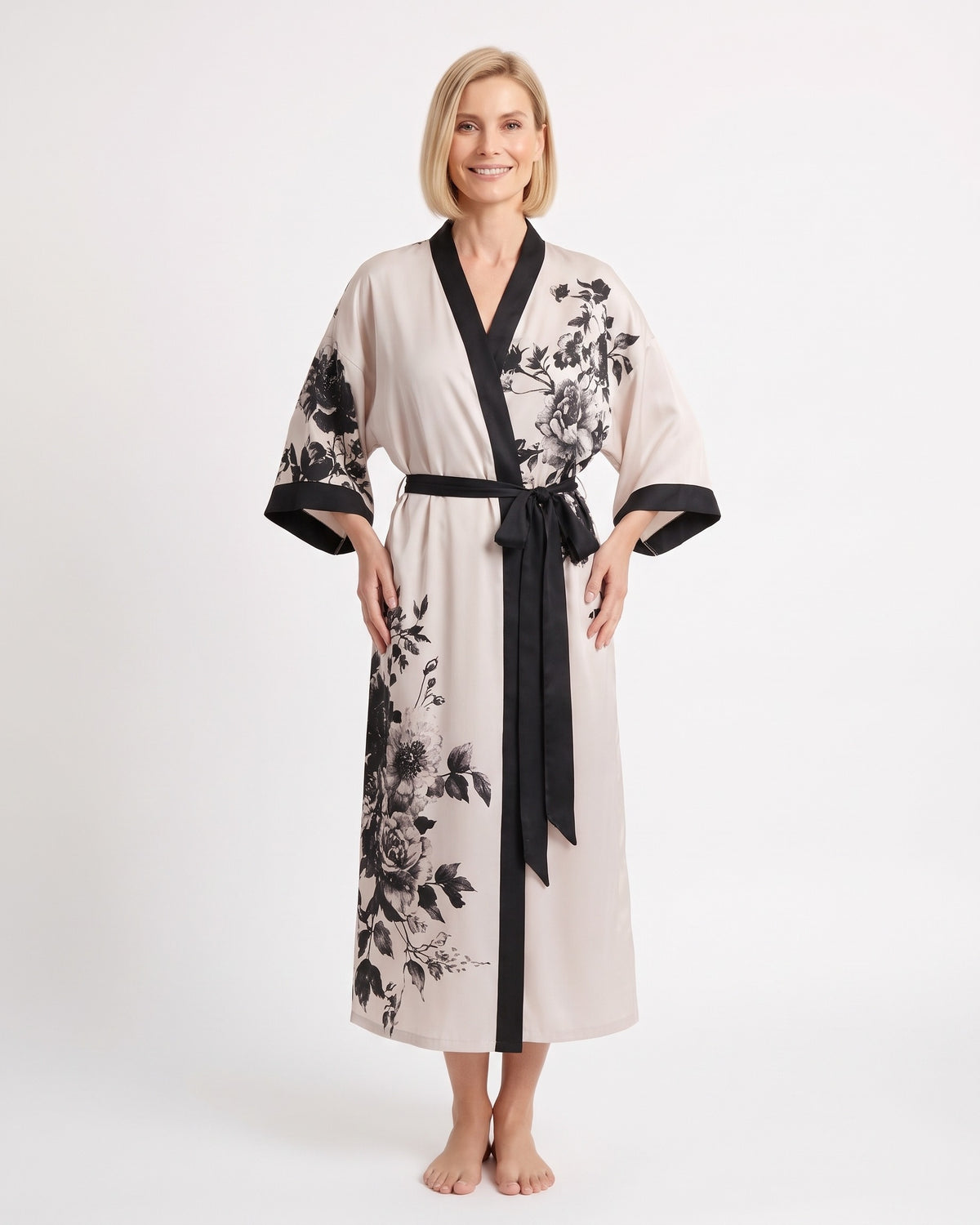 Women’s satin floral wrap kimono robe, white with black trim, tie belt, wide sleeves