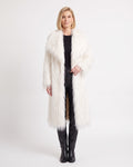 Long white shaggy faux fur coat with wide lapels, open front, oversized fit