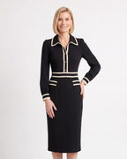 Black long-sleeve midi sheath dress with contrast collar and trim