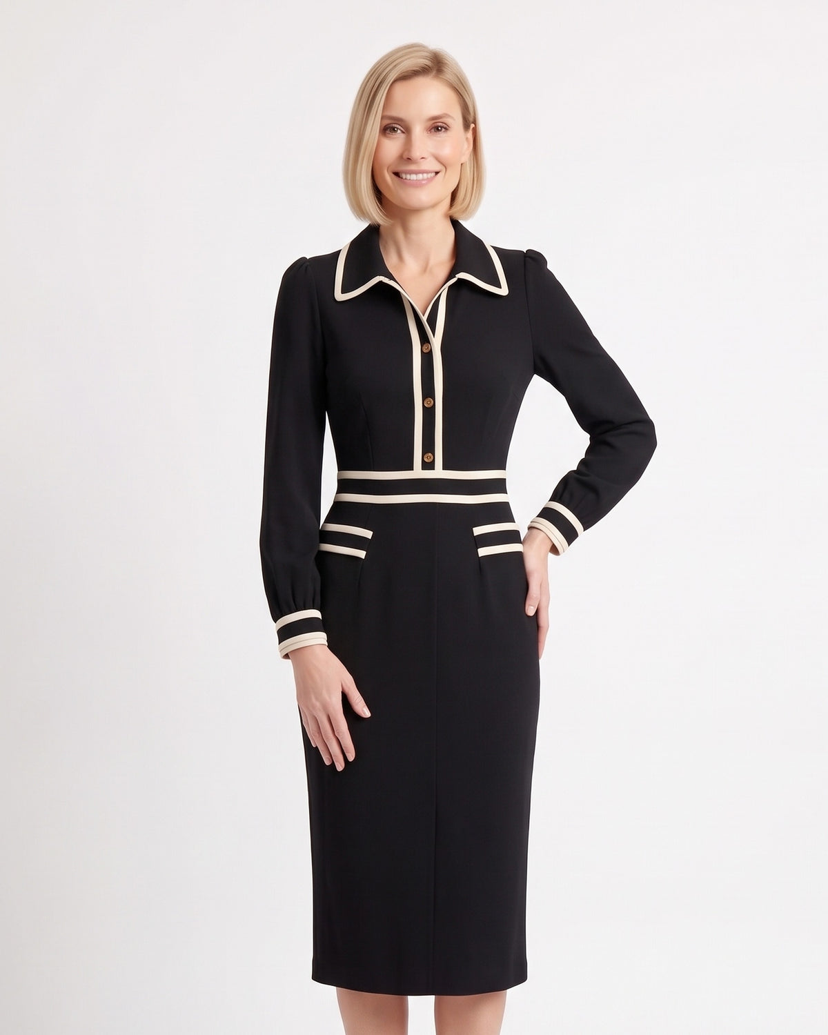 Black long-sleeve midi sheath dress with contrast collar and trim