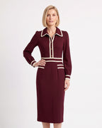 Burgundy long-sleeve midi sheath dress with contrast collar and trim