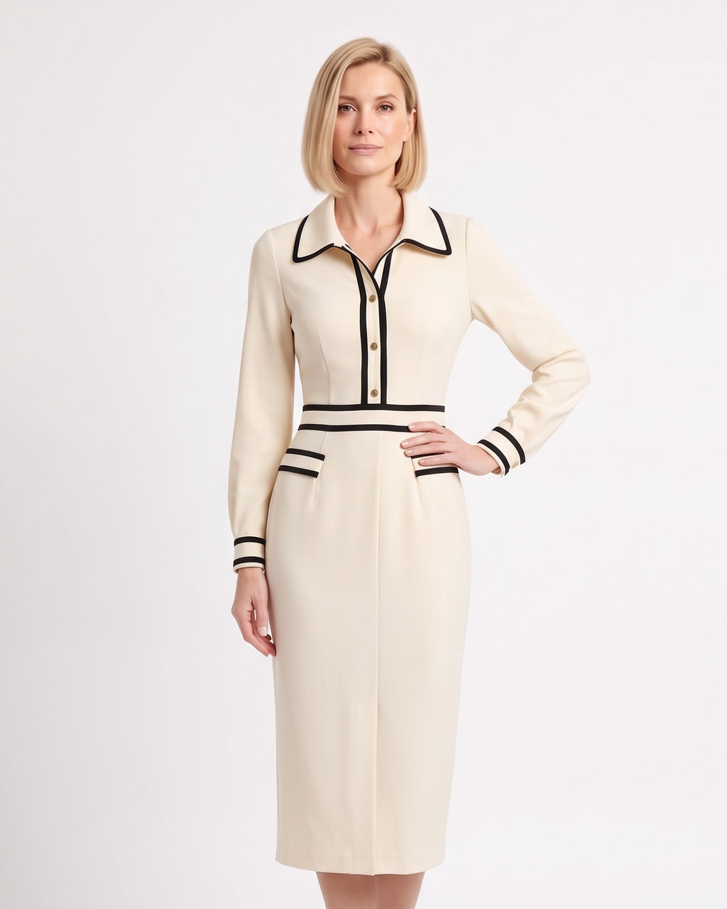Cream long-sleeve midi sheath dress with contrast collar and trim