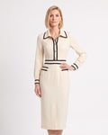 Cream long-sleeve midi sheath dress with contrast collar and trim