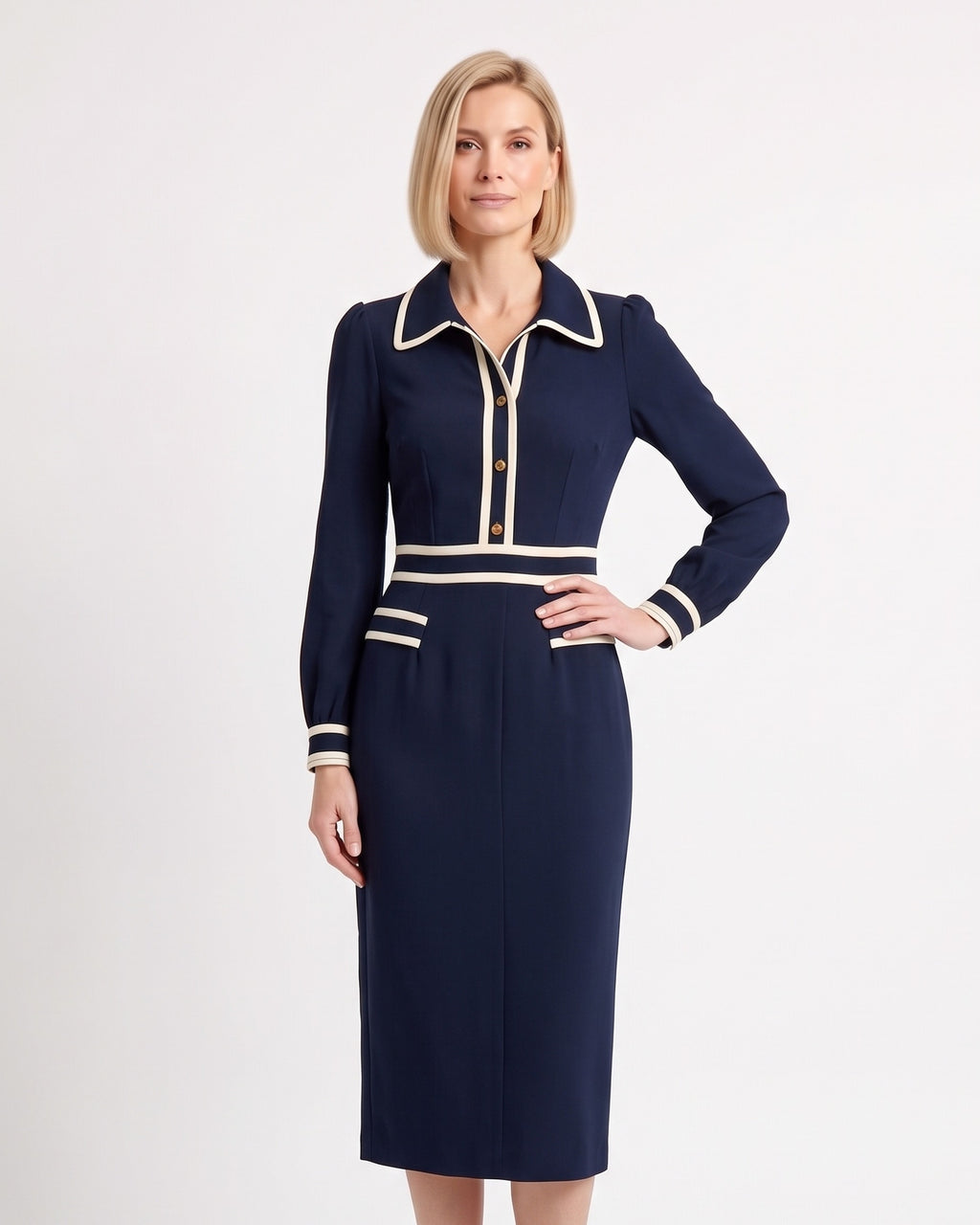 Navy long-sleeve midi sheath dress with contrast collar and trim