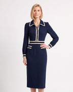 Navy long-sleeve midi sheath dress with contrast collar and trim