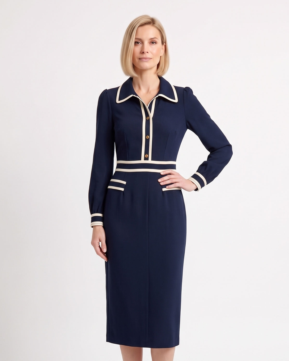 Navy long-sleeve midi sheath dress with contrast collar and trim