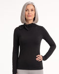 Black long-sleeve mock neck top with bow tie collar and slim fit.