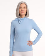 Light blue long-sleeve mock neck top with bow tie collar and slim fit.