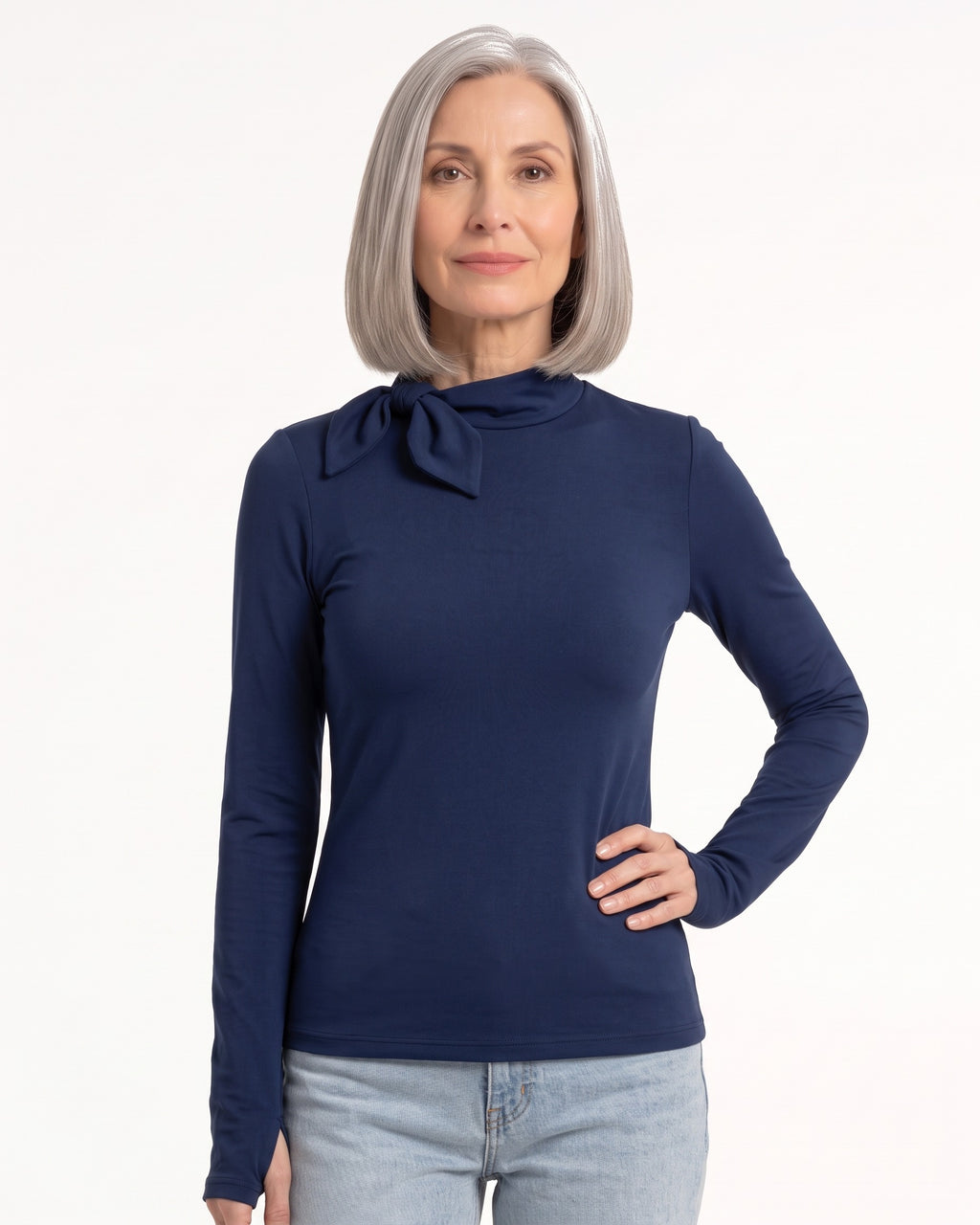 Navy long-sleeve mock neck top with bow tie collar and slim fit.