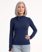 Navy long-sleeve mock neck top with bow tie collar and slim fit.