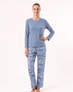 Women’s long-sleeve crew neck pajama set, blue top with printed pajama pants.