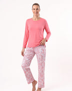 Women's coral long-sleeve pajama set: crew neck top, paisley print pants