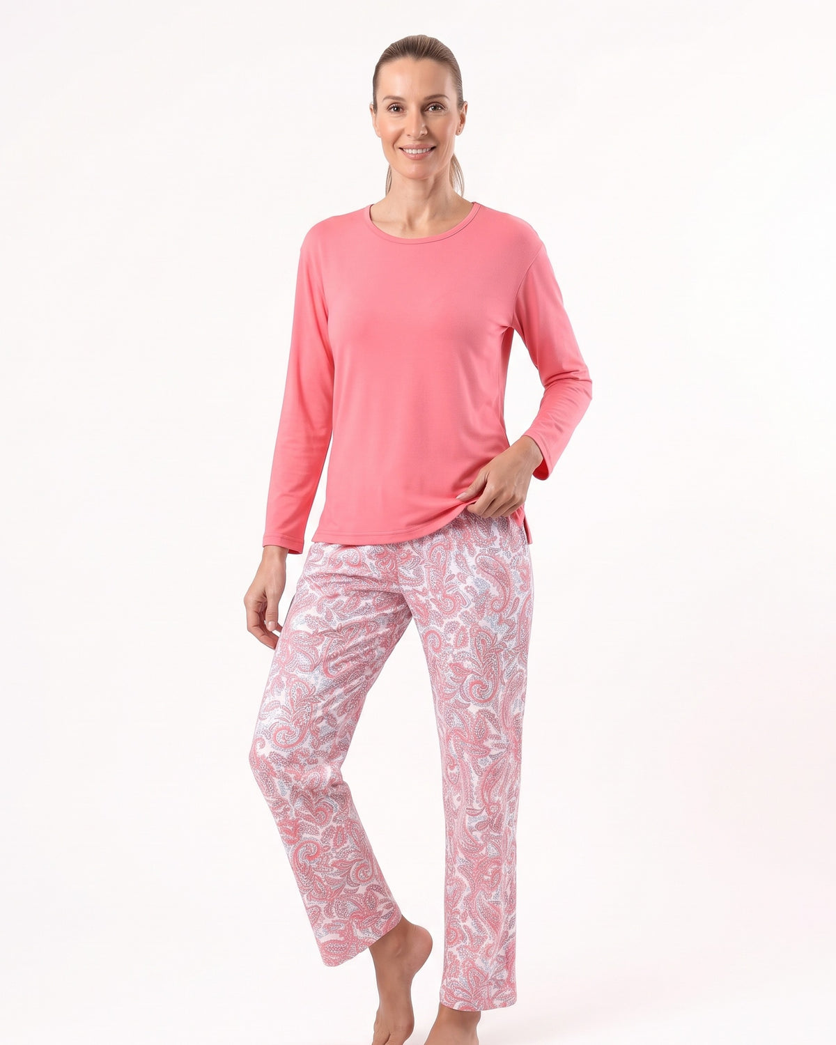 Women's coral long-sleeve pajama set: crew neck top, paisley print pants