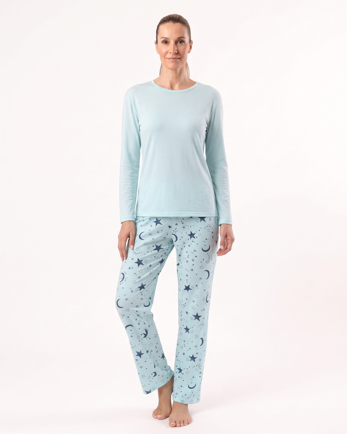 Women's light blue long-sleeve pajama set: crew neck top, star print pants
