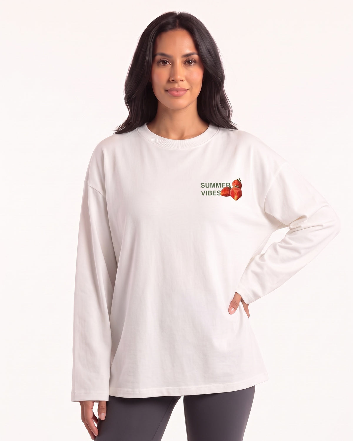 Women's long-sleeve crewneck graphic tee with strawberry chest print