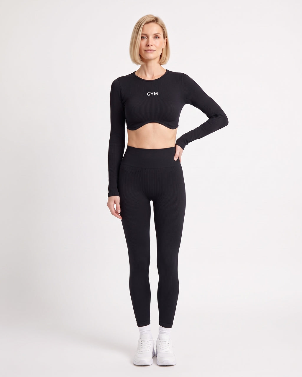 Black long-sleeve seamless crop top and scrunch leggings set, ribbed knit