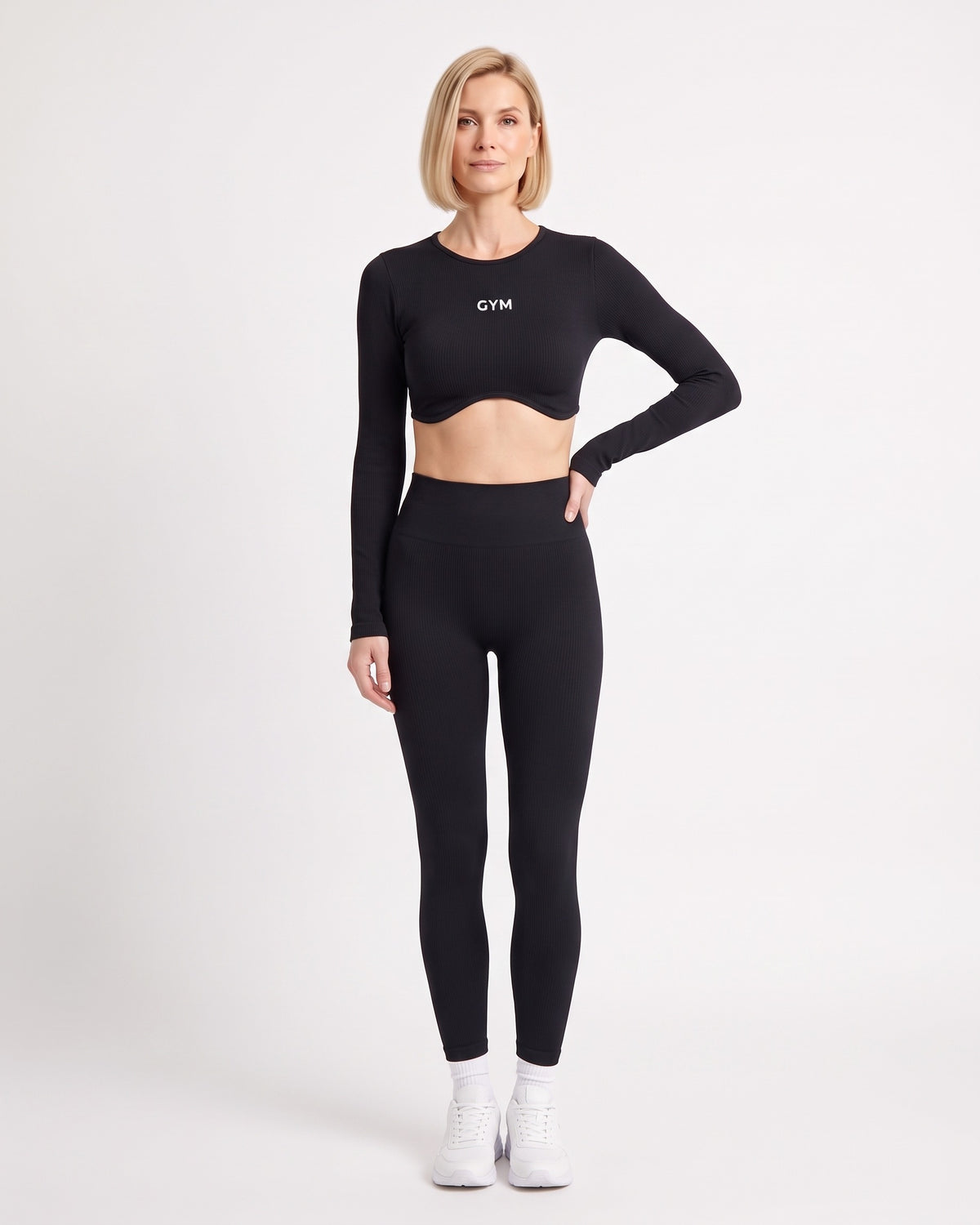 Black long-sleeve seamless crop top and scrunch leggings set, ribbed knit