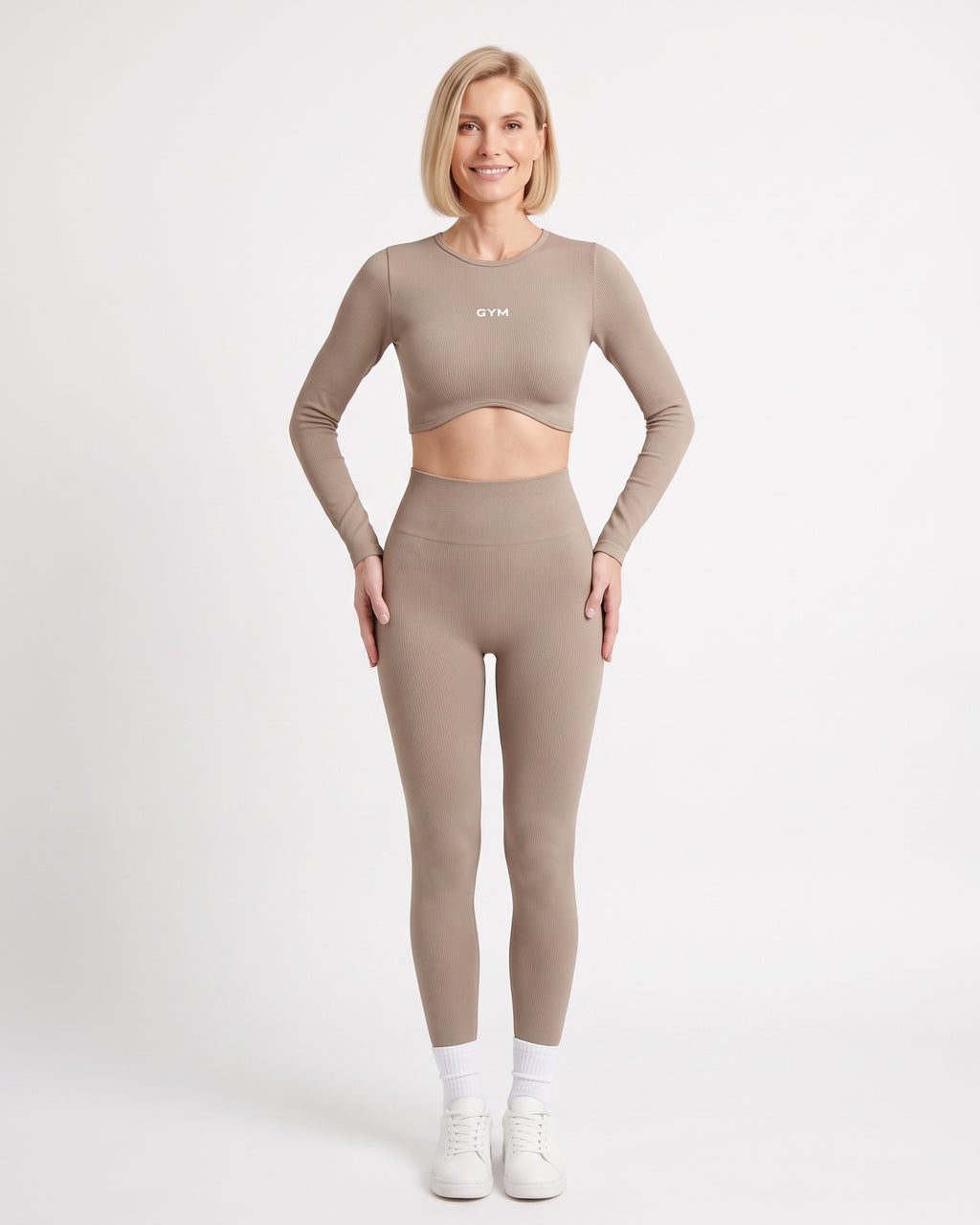 Khaki long-sleeve seamless crop top and scrunch leggings set, ribbed knit