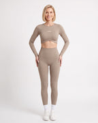 Khaki long-sleeve seamless crop top and scrunch leggings set, ribbed knit