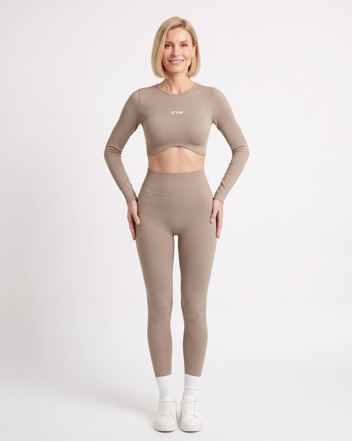 Khaki long-sleeve seamless crop top and scrunch leggings set, ribbed knit