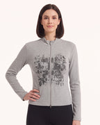 Light gray long-sleeve zip-up top with stand collar and distressed graphic print